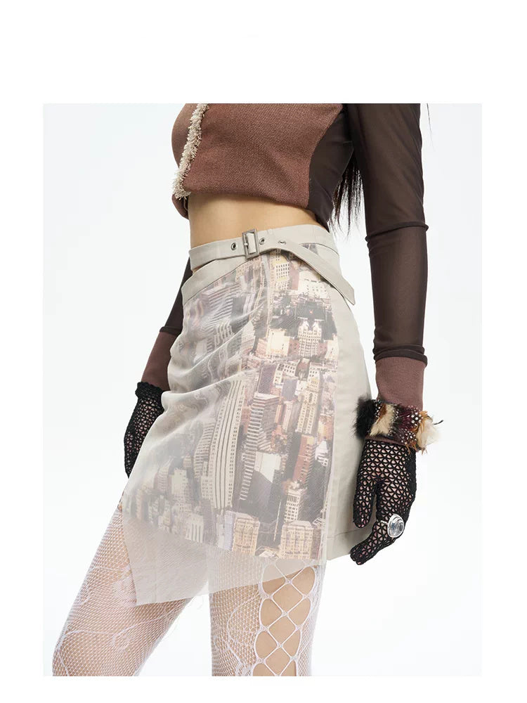 NEXT PASSPORT HAZY CITY mesh double-waist mini skirt — rear modeled view showing the layered mesh construction.
