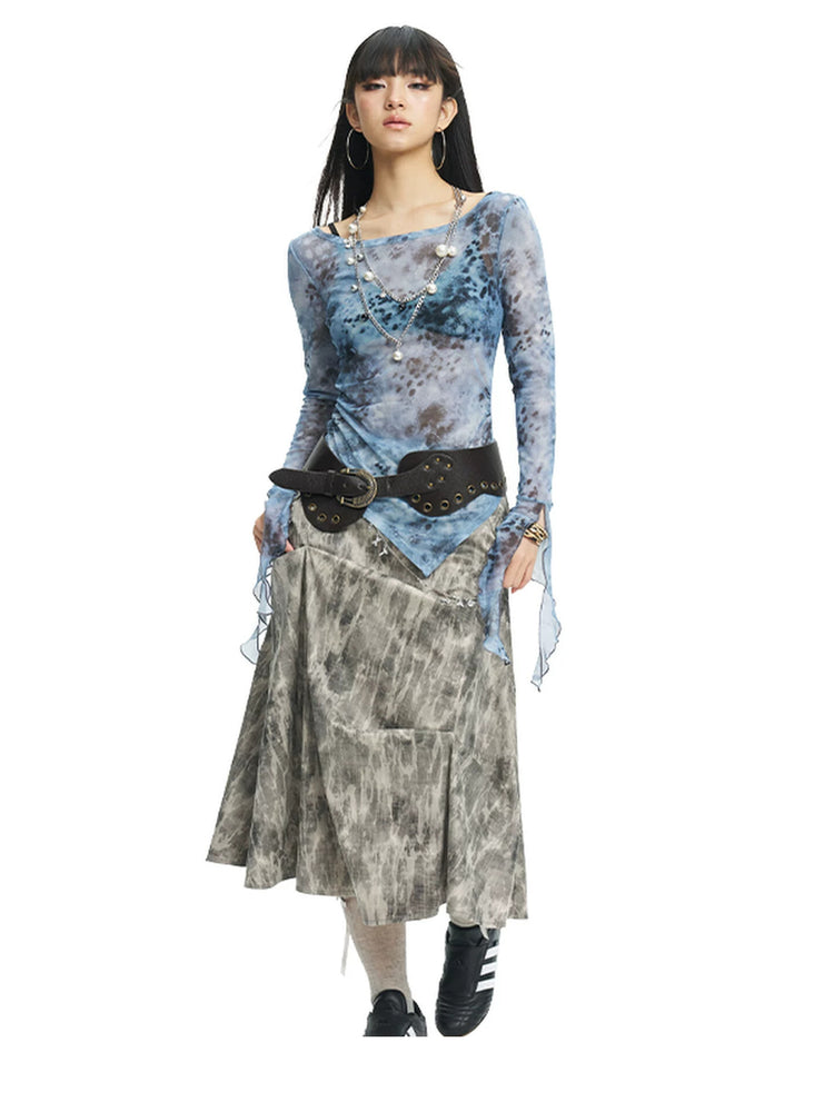 NEXT PASSPORT gray crinkled-print midi skirt styled front view on a white background.