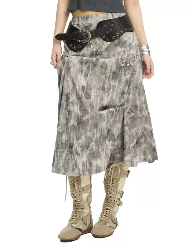 NEXT PASSPORT gray crinkled-print midi skirt close front styling view.