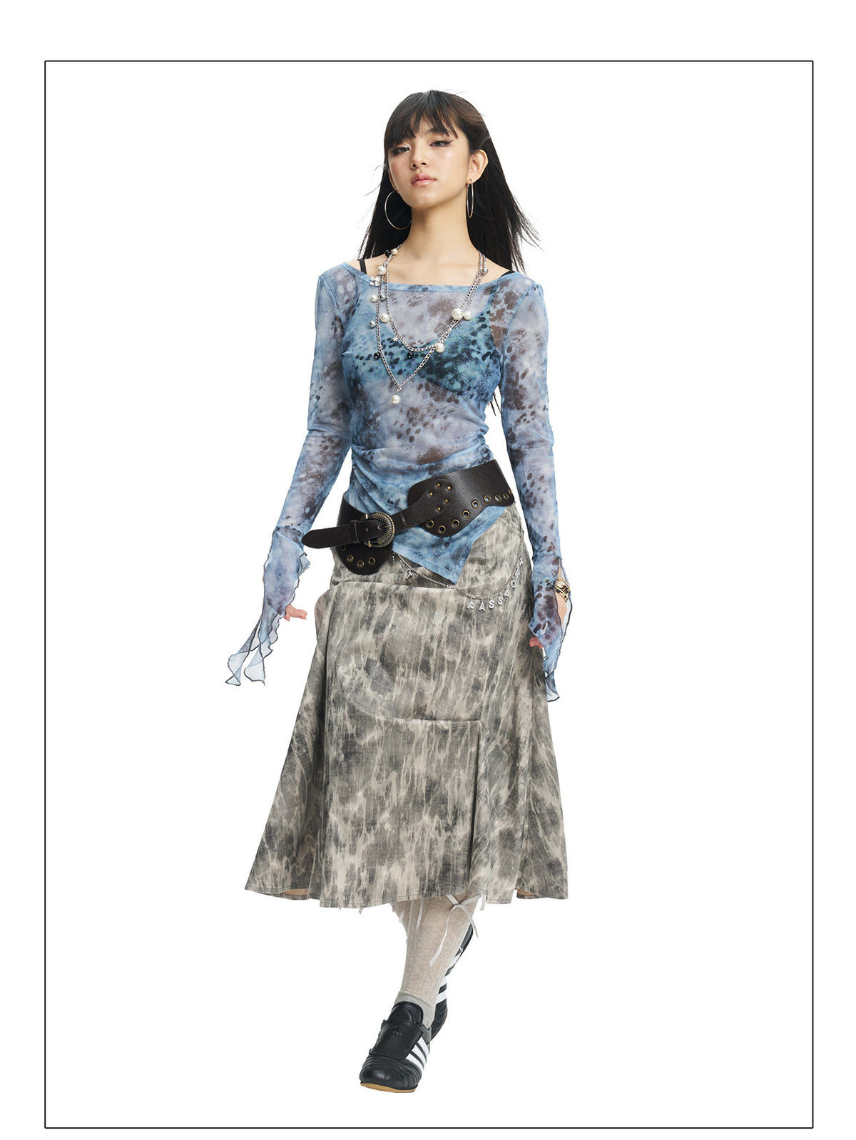 NEXT PASSPORT gray crinkled-print midi skirt flat-lay front view.