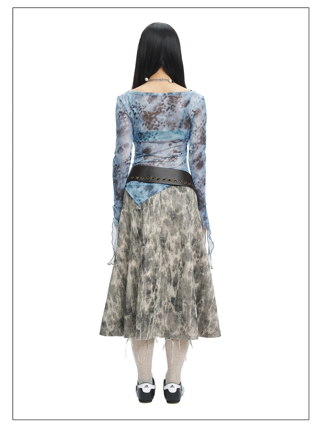 NEXT PASSPORT gray crinkled-print midi skirt full back styling view.