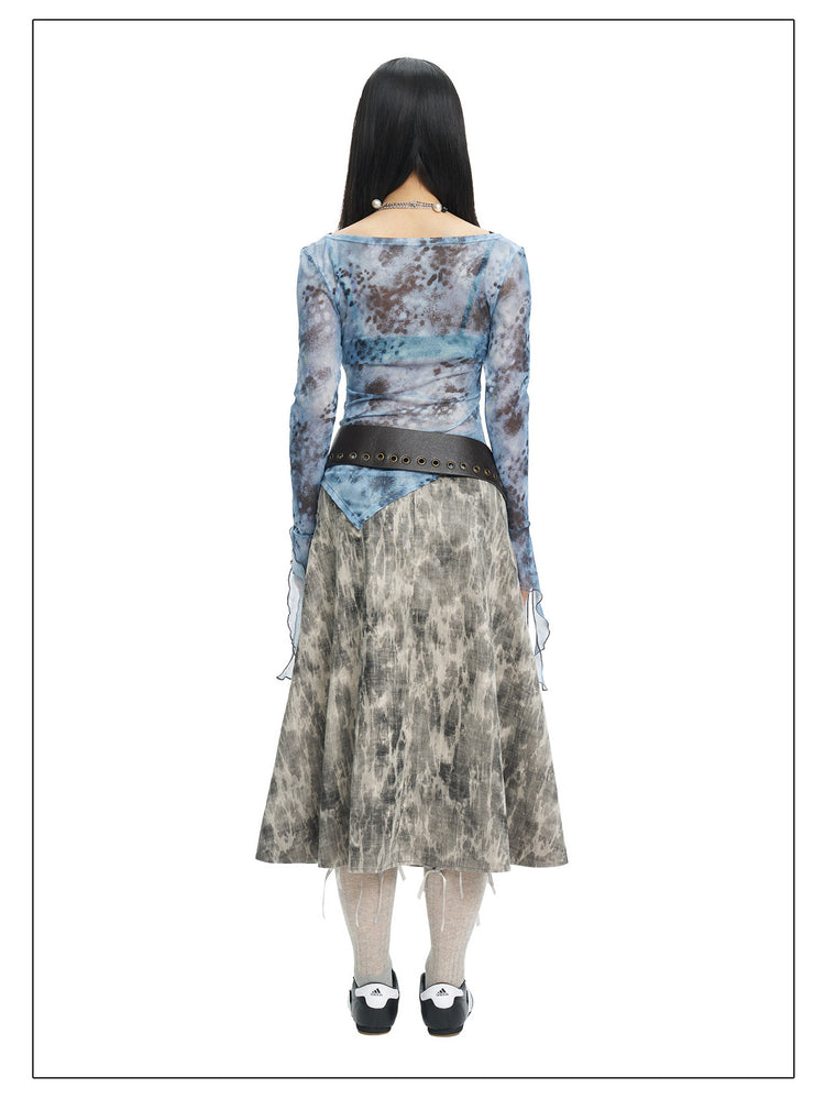 NEXT PASSPORT gray crinkled-print midi skirt full back styling view.