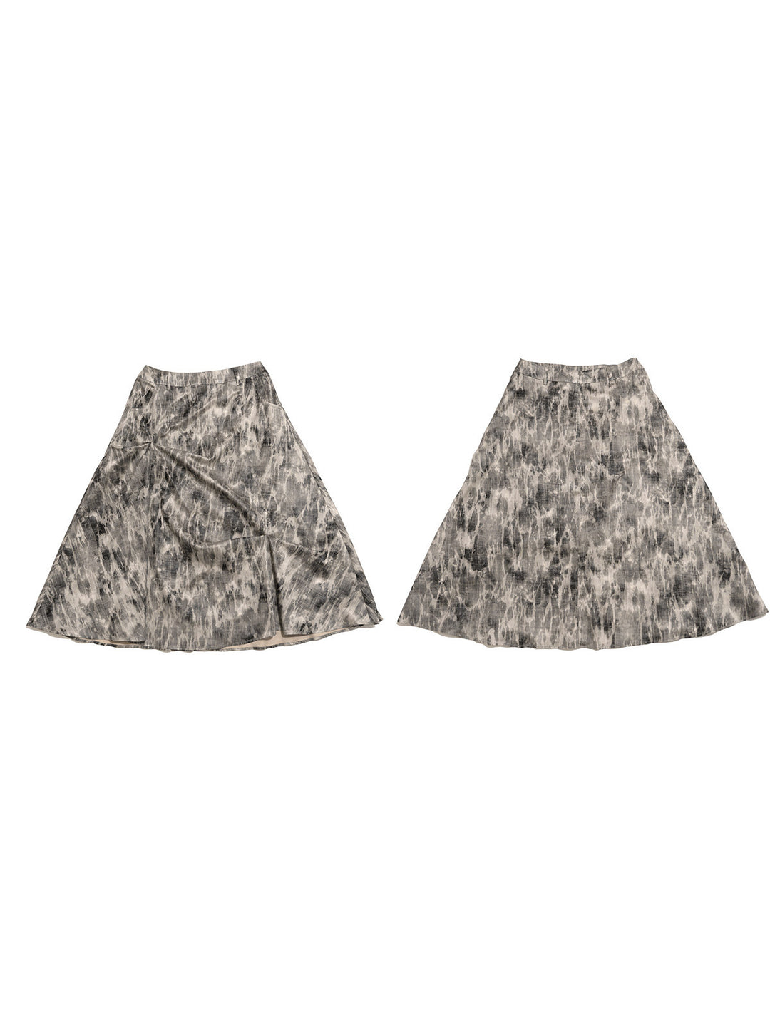 NEXT PASSPORT gray crinkled-print midi skirt flat-lay front and back views.