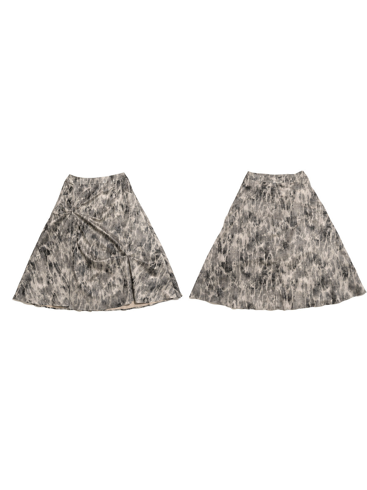 NEXT PASSPORT gray crinkled-print midi skirt flat-lay front and back views.