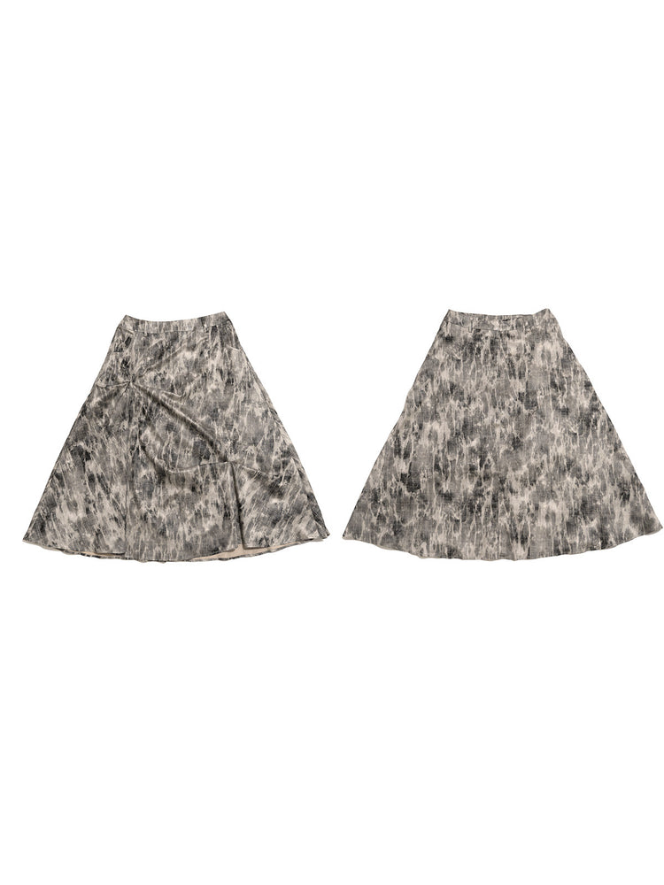 NEXT PASSPORT gray crinkled-print midi skirt flat-lay front and back views.