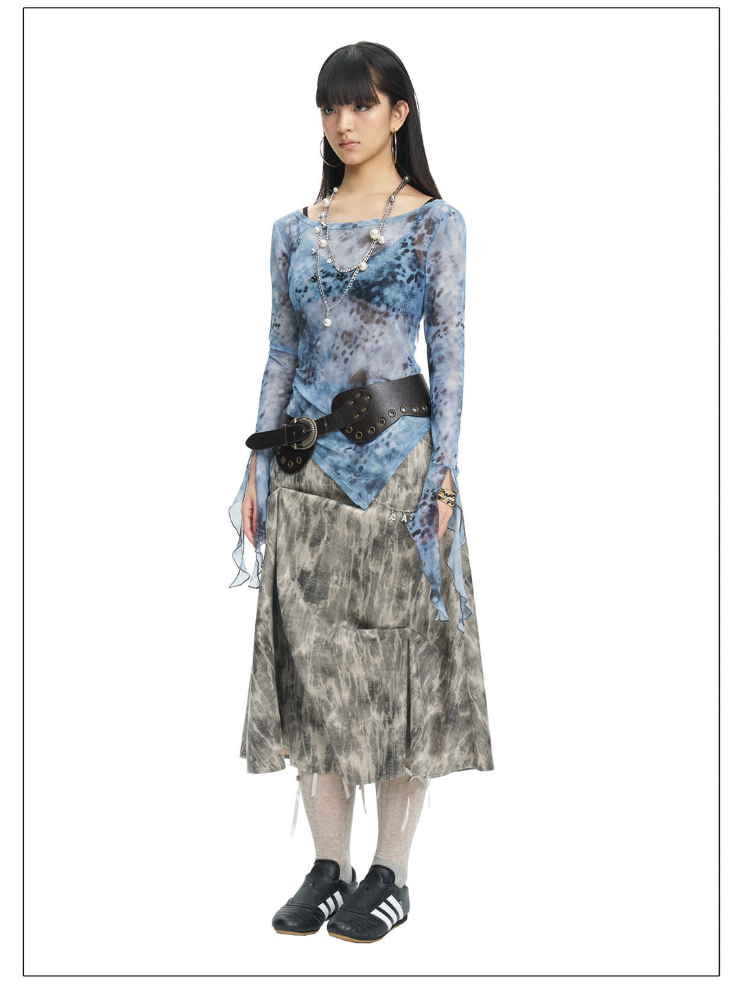 NEXT PASSPORT gray crinkled-print midi skirt full-length studio styling view.
