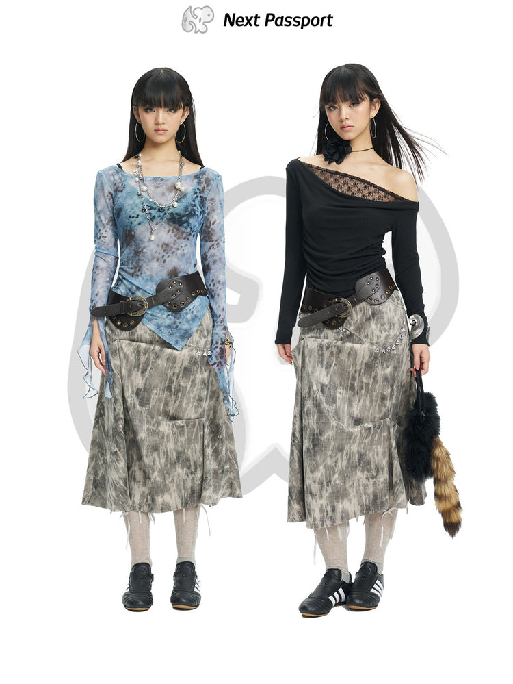 NEXT PASSPORT gray crinkled-print midi skirt shown in two coordinated studio looks.
