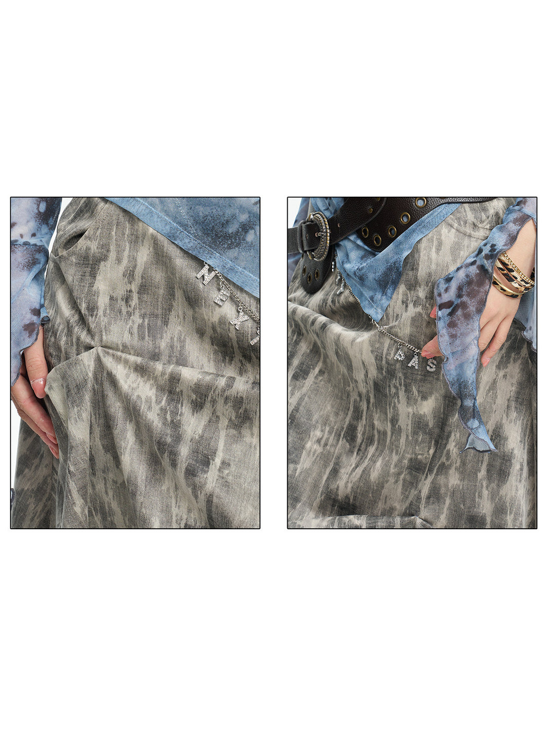NEXT PASSPORT gray crinkled-print midi skirt pocket and waistband detail views.