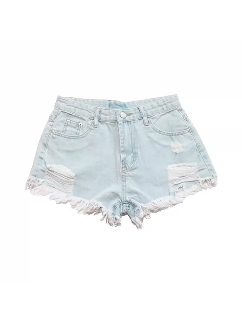 NEXT PASSPORT distressed fringe denim shorts in denim blue — garment-only front view centered on white.