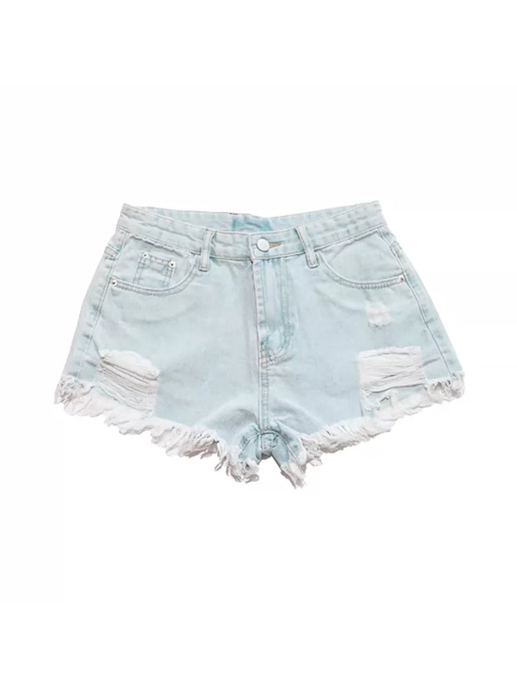 NEXT PASSPORT distressed fringe denim shorts in denim blue — garment-only front view centered on white.