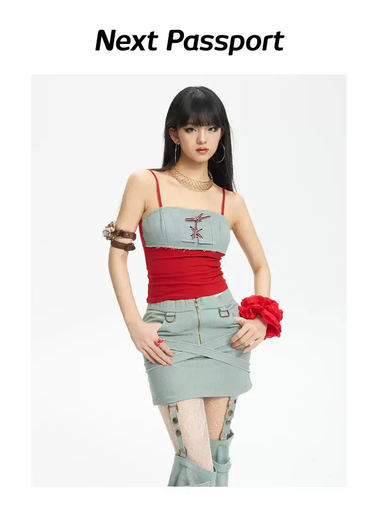 NEXT PASSPORT lace-up denim-panel camisole in red and pale denim blue — front studio view.