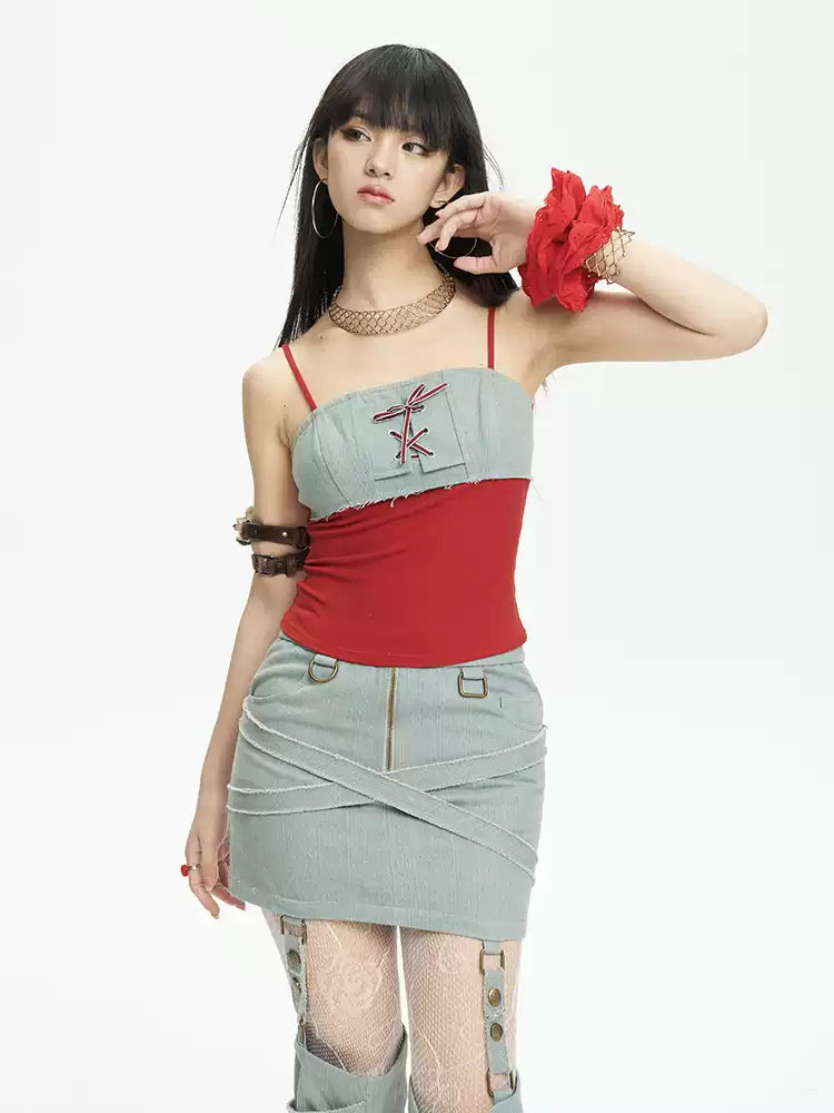 NEXT PASSPORT lace-up denim-panel camisole in red and pale denim blue — front three-quarter studio view.