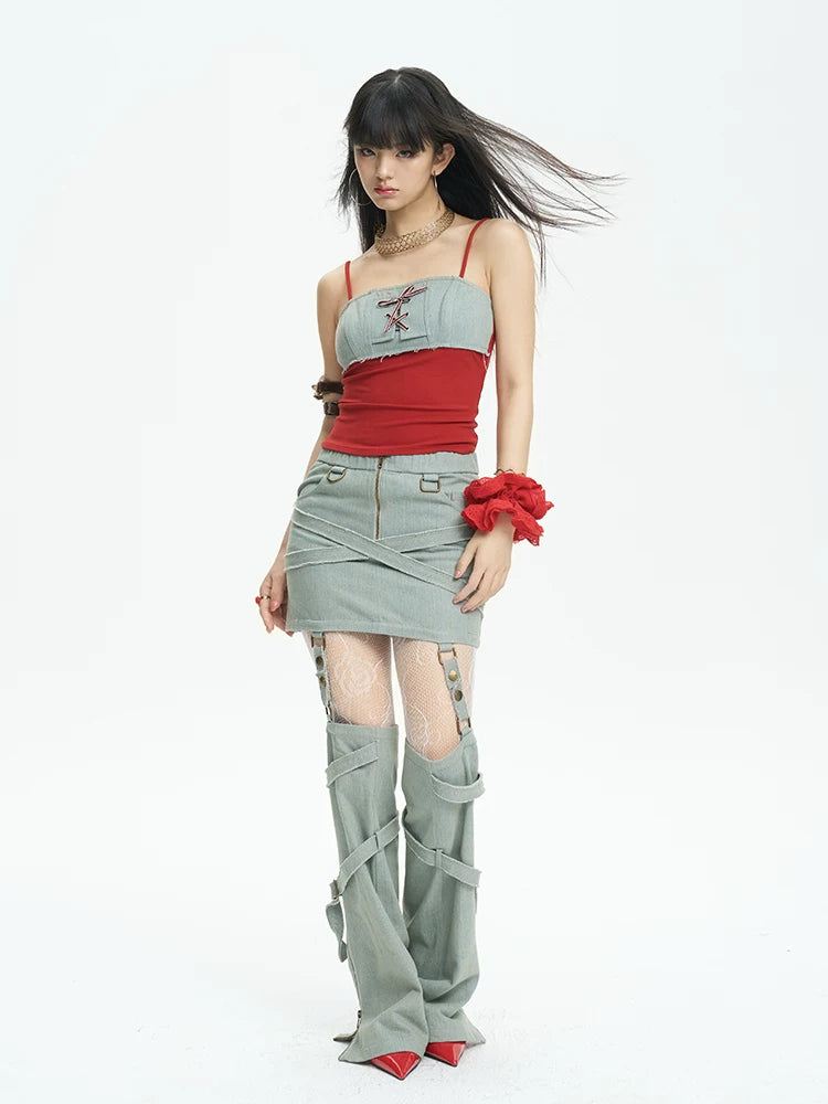 NEXT PASSPORT lace-up denim-panel camisole in red and pale denim blue — full-length side-motion studio view.