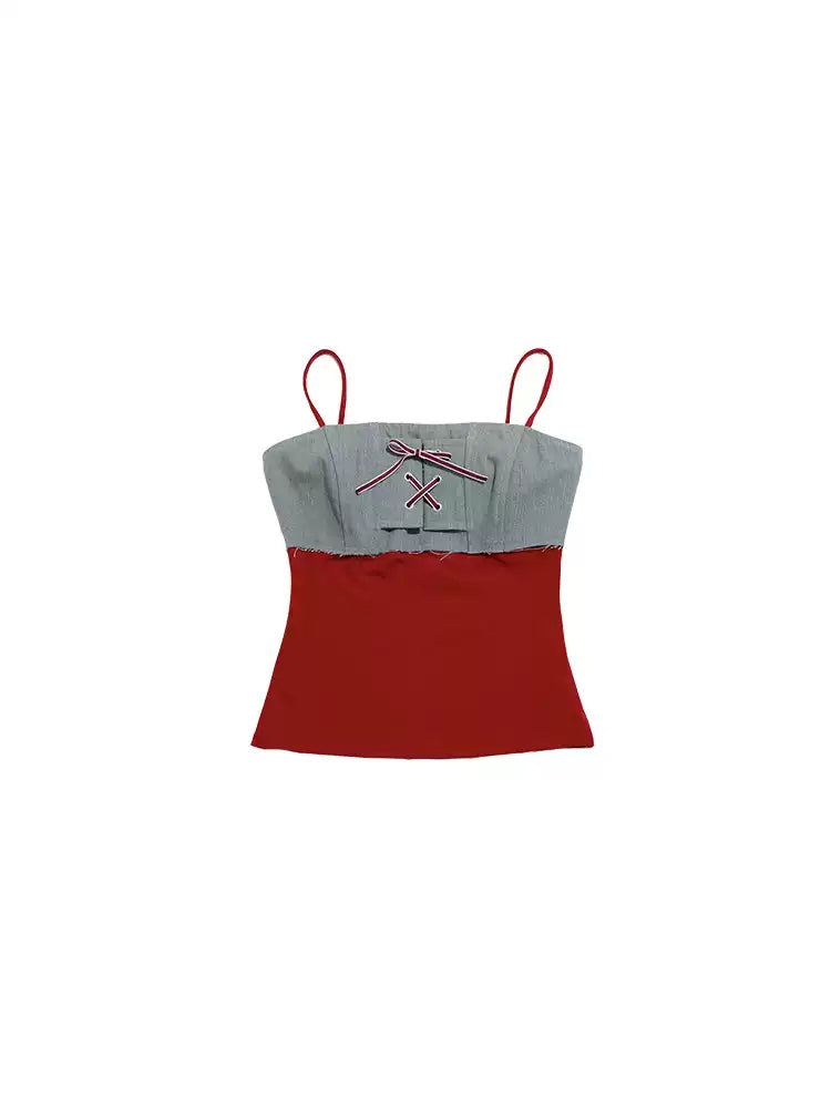 NEXT PASSPORT lace-up denim-panel camisole in red and pale denim blue — garment-only front view.