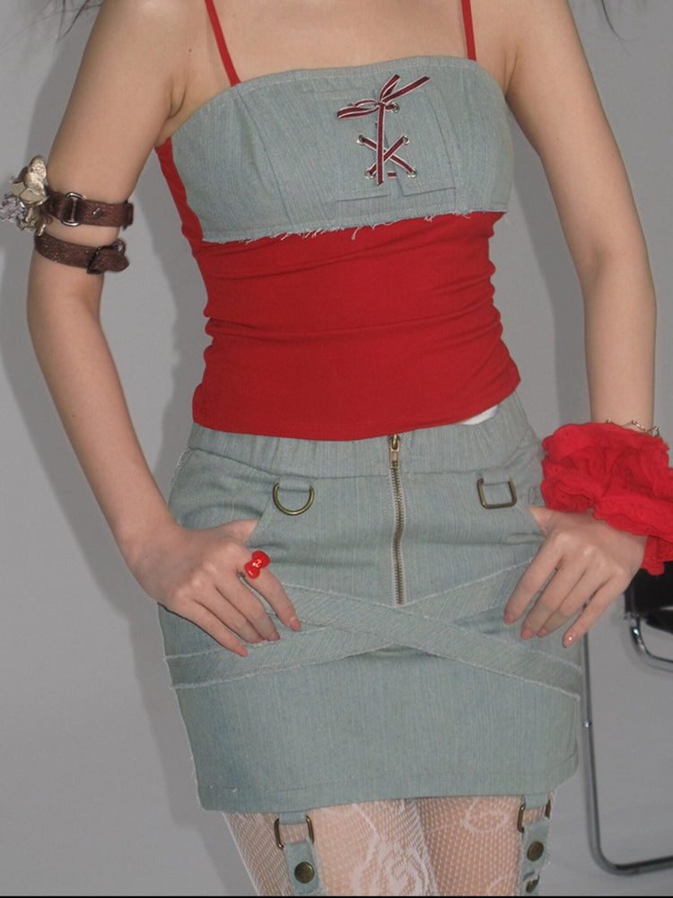 NEXT PASSPORT lace-up denim-panel camisole in red and pale denim blue — gray-background front detail.