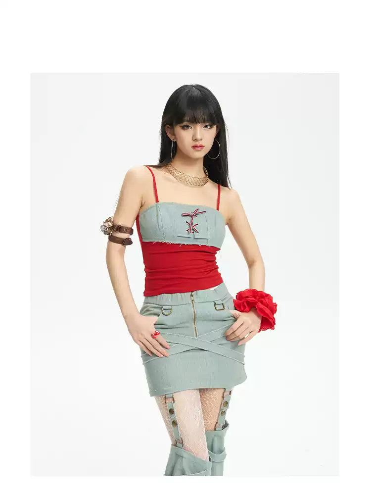 NEXT PASSPORT lace-up denim-panel camisole in red and pale denim blue — front studio view.
