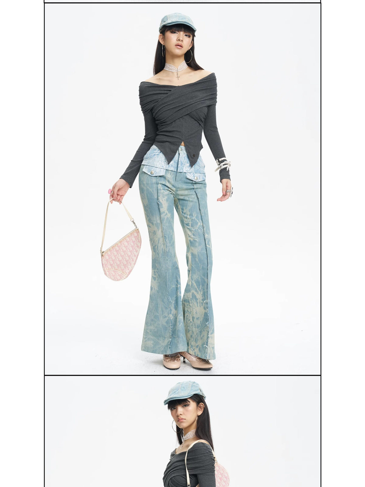 NEXT PASSPORT printed lace-panel flared jeans in pale blue — two-view studio composition with black top.