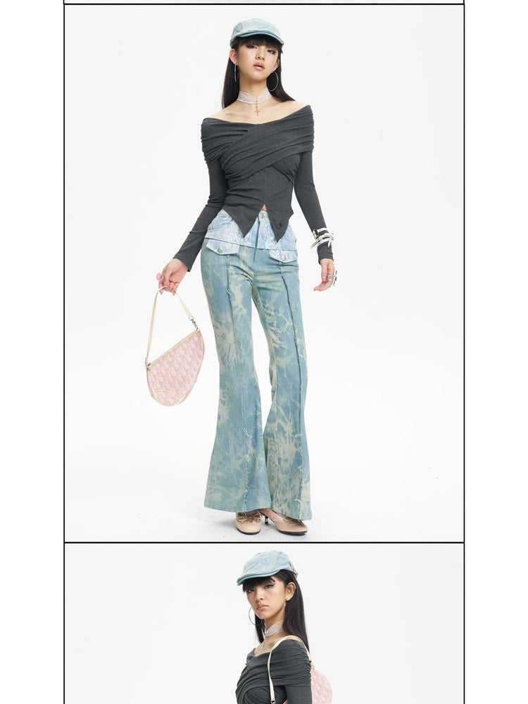 NEXT PASSPORT printed lace-panel flared jeans in pale blue — two-view studio composition with black top.