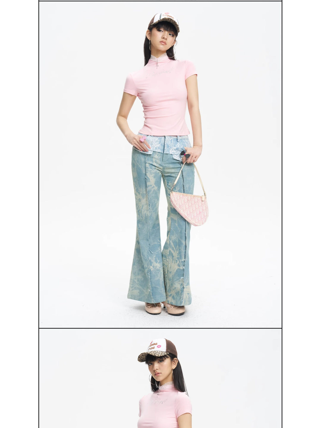 NEXT PASSPORT printed lace-panel flared jeans in pale blue — two-view studio composition with pink top.