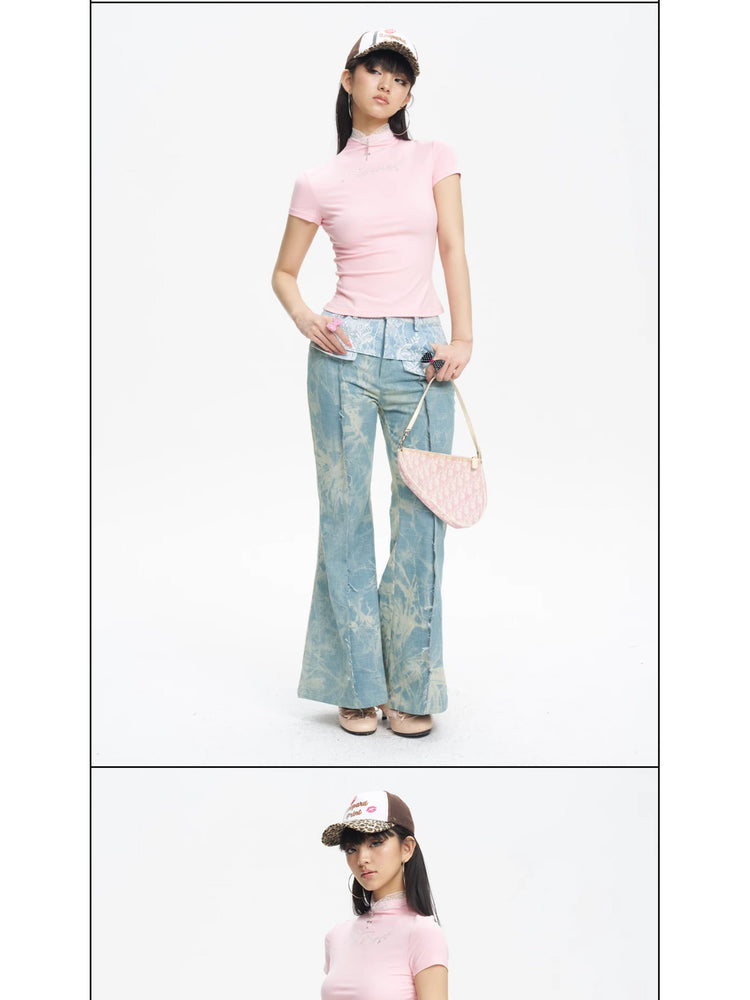 NEXT PASSPORT printed lace-panel flared jeans in pale blue — two-view studio composition with pink top.