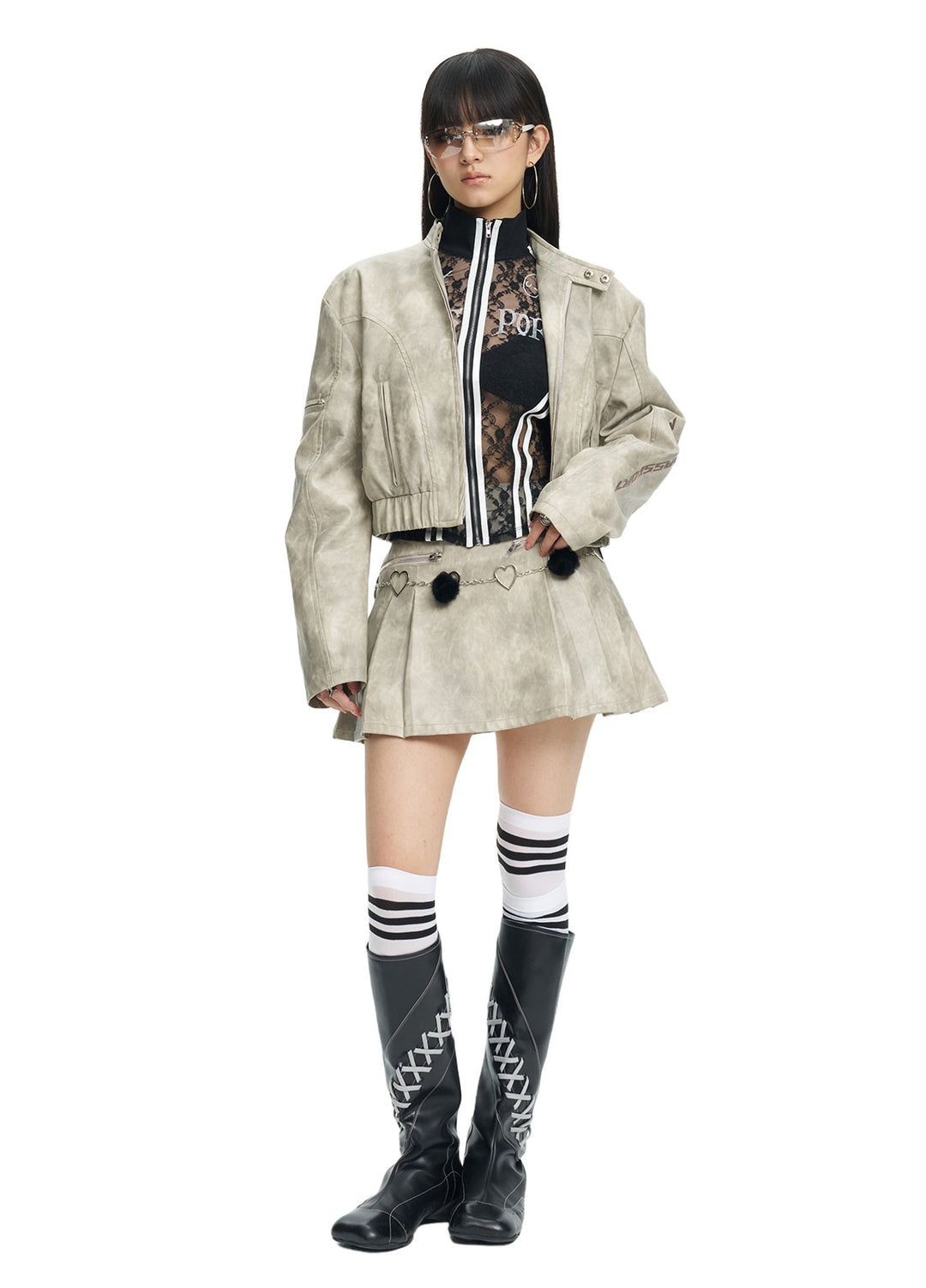 NEXT PASSPORT light-gray tie-dye pleated PU mini skirt with matching jacket, full front styled view