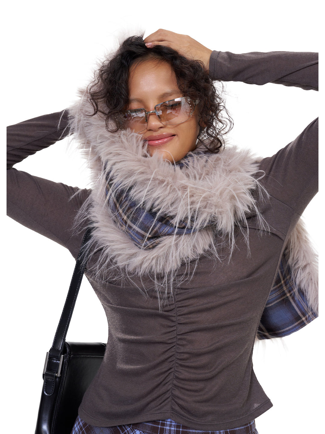 NEXT PASSPORT blue-purple plaid faux-fur scarf — close front view wrapped around the neck