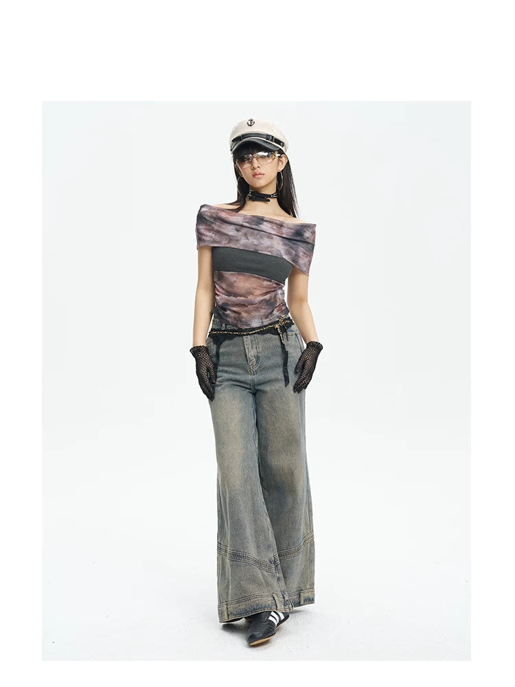 NEXT PASSPORT reversible mesh off-shoulder top, full-length front styled view
