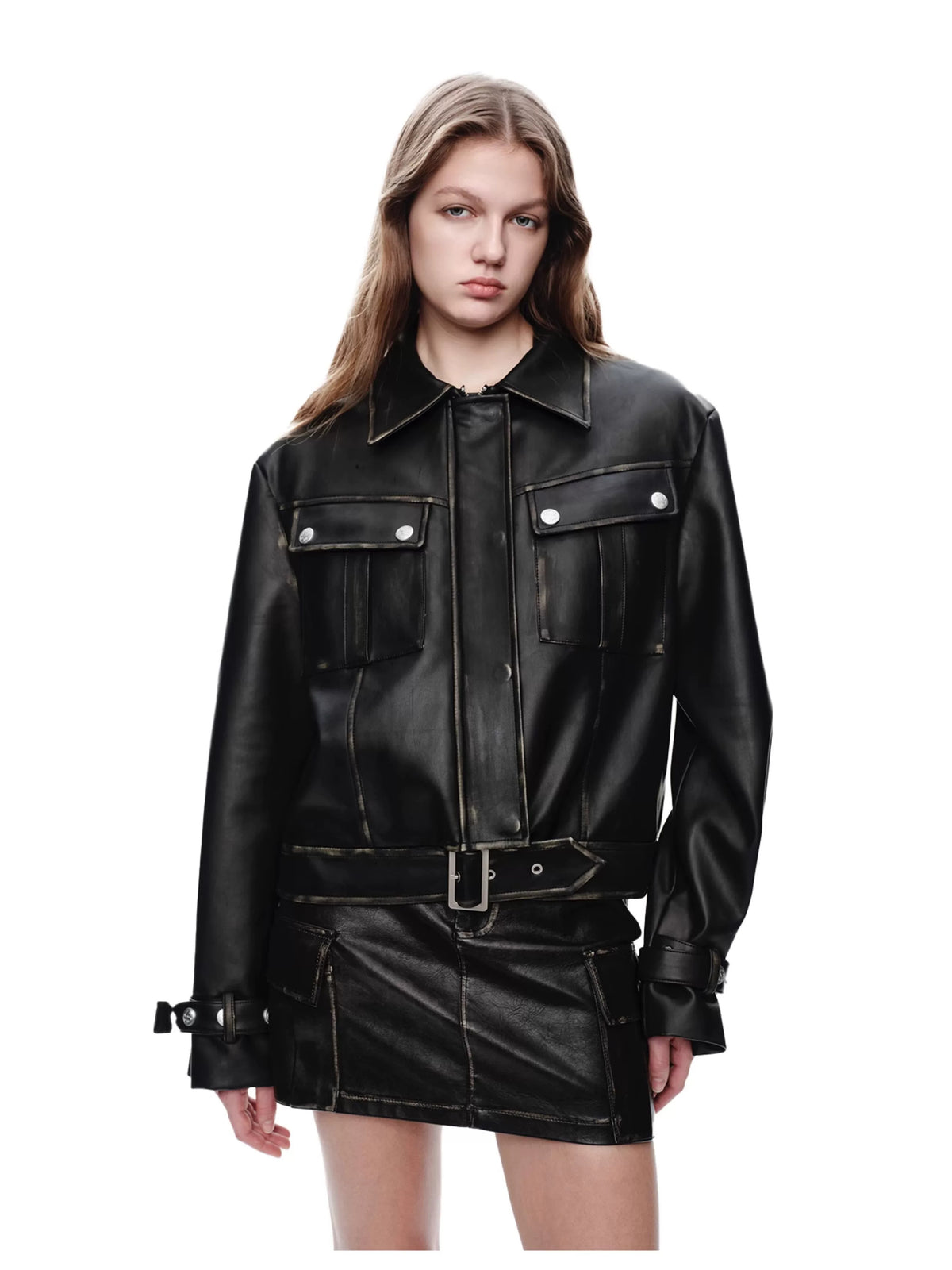 NEXT PASSPORT distressed black PU jacket and cargo-pocket mini skirt set, front modeled view