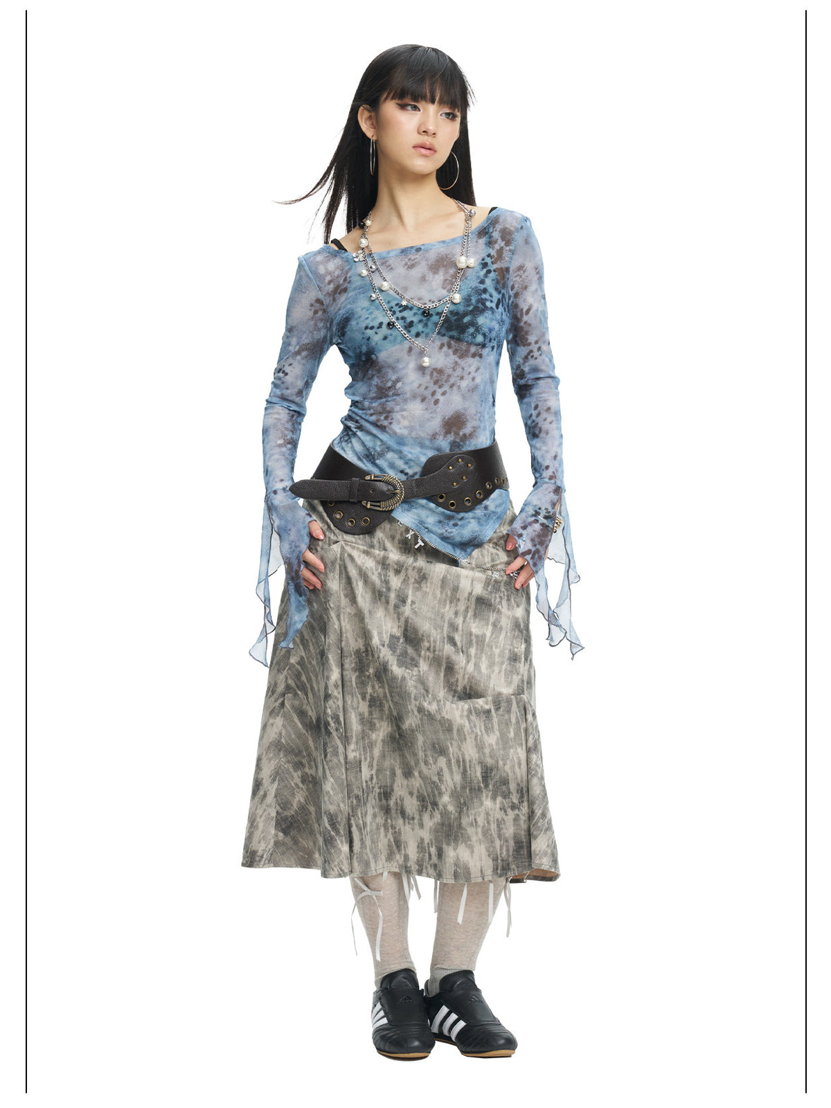 NEXT PASSPORT blue-gray printed mesh asymmetric long-sleeve top, full-length front view