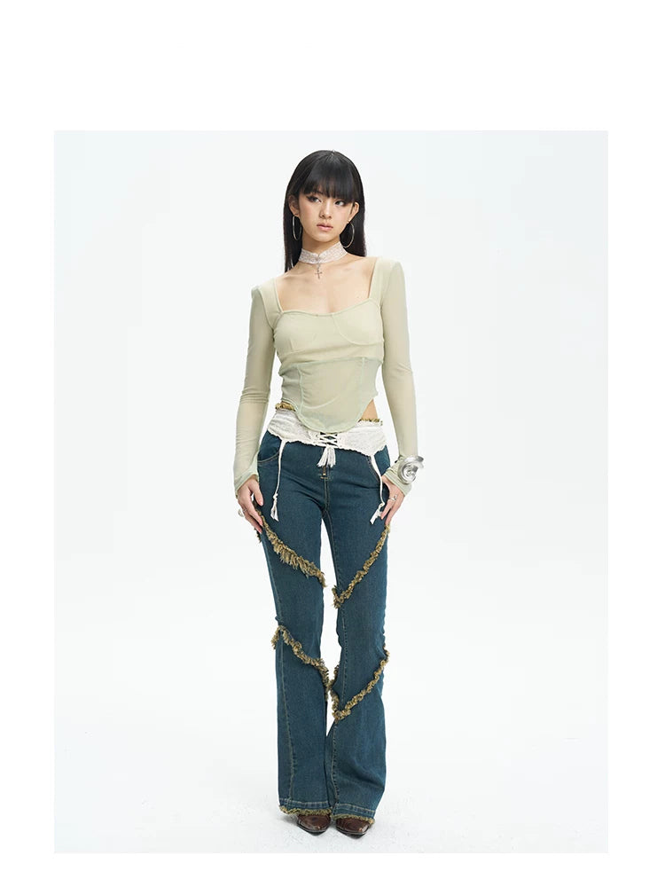 NEXT PASSPORT mint-green knit mesh square-neck crop top, full-length front styled view