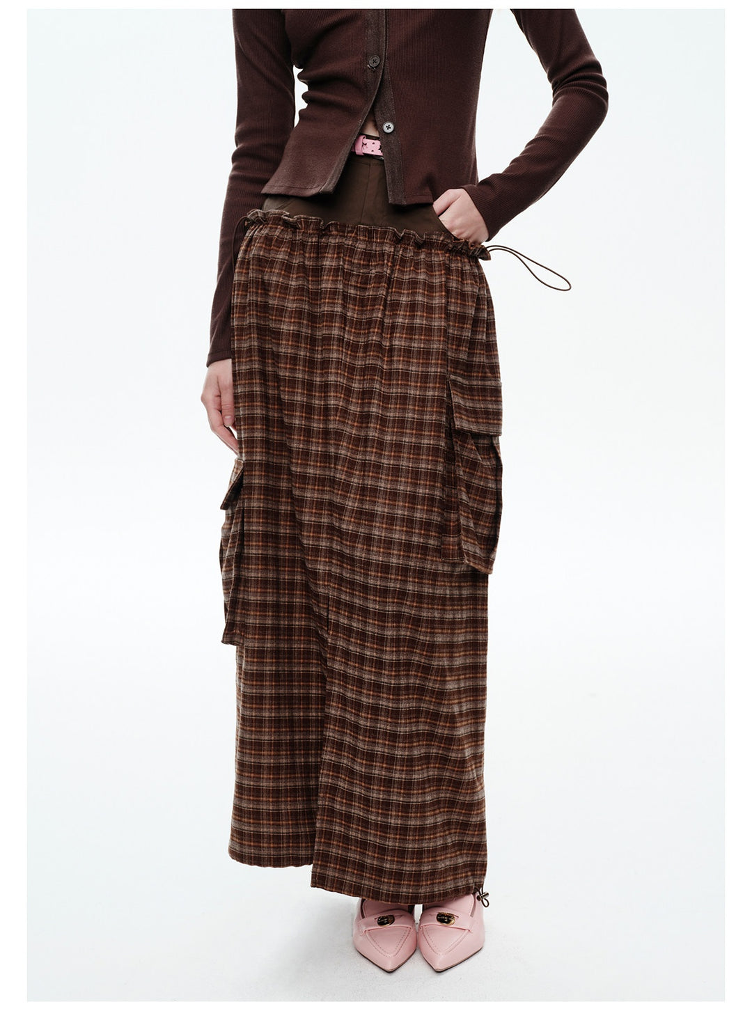 NEXT PASSPORT brown plaid faux-layered panel maxi skirt front view