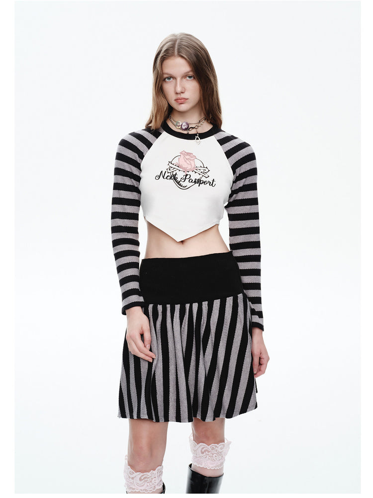 NEXT PASSPORT striped embroidered raglan crop top — black-gray embroidered crop top front