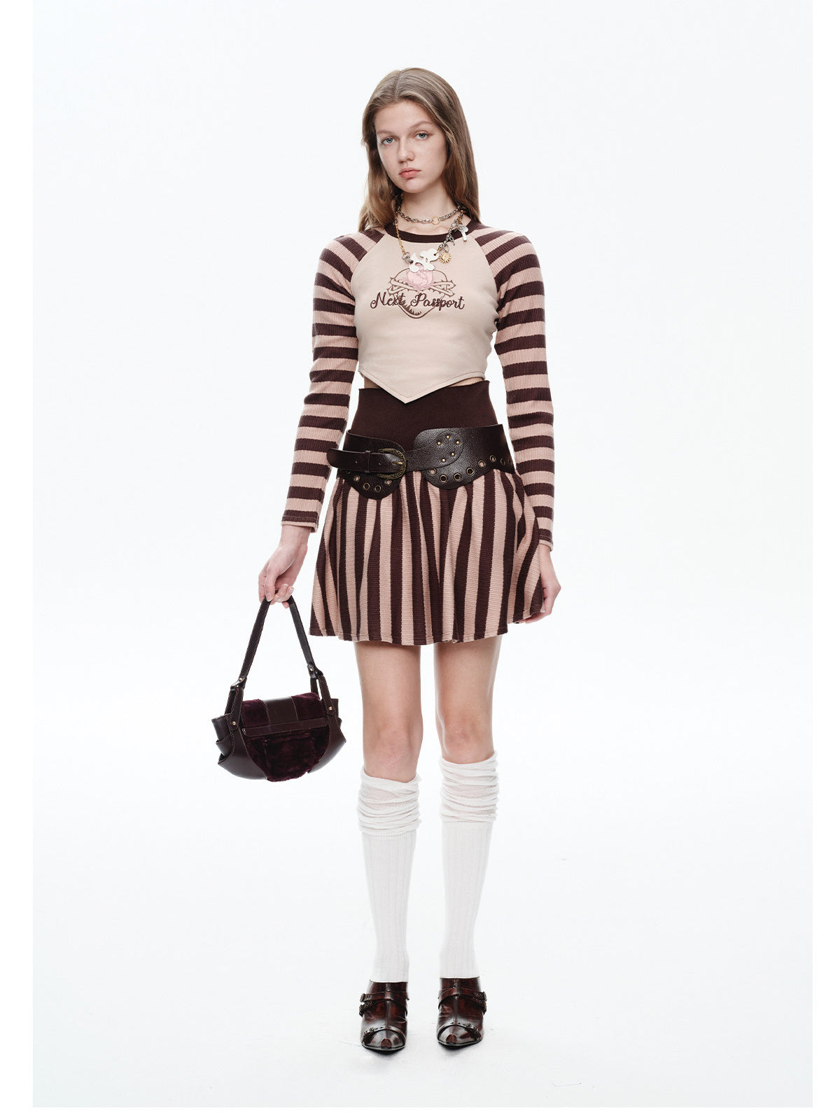 NEXT PASSPORT striped embroidered raglan crop top — khaki embroidered crop top front