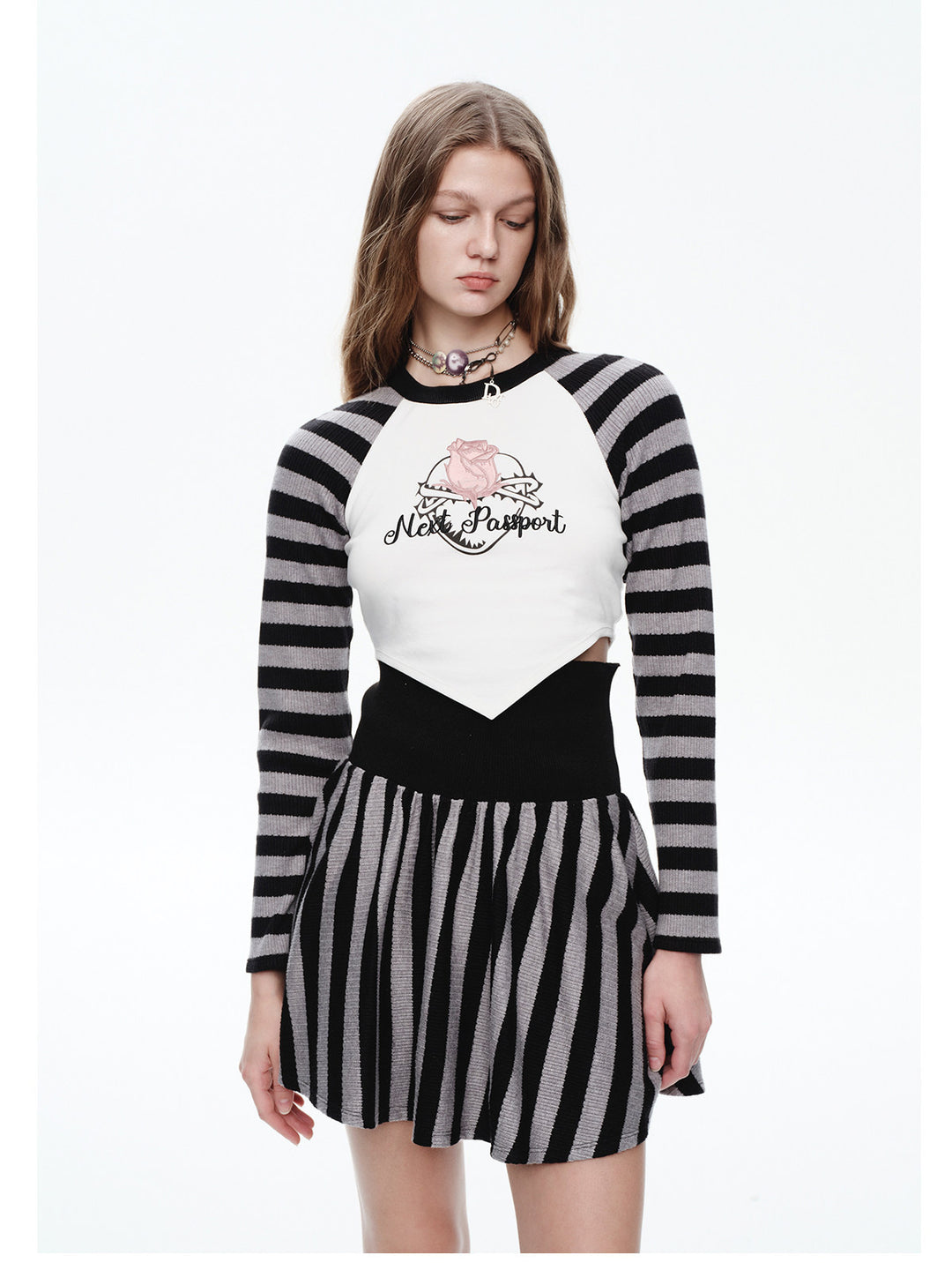 NEXT PASSPORT striped embroidered raglan crop top — black-gray embroidered crop top detail