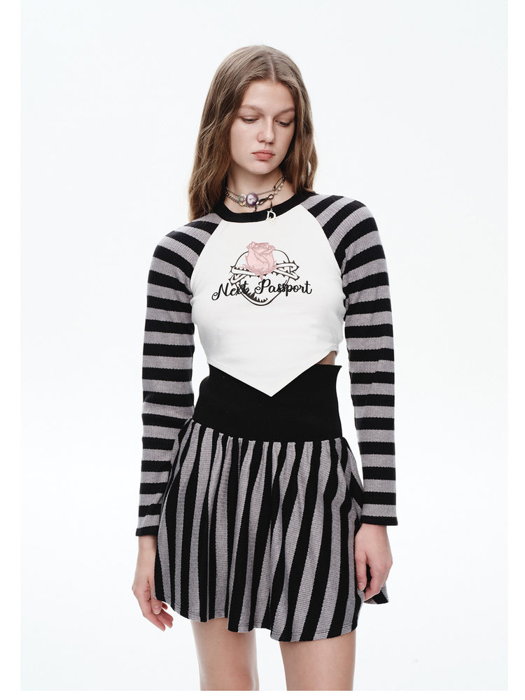 NEXT PASSPORT striped embroidered raglan crop top — black-gray embroidered crop top detail
