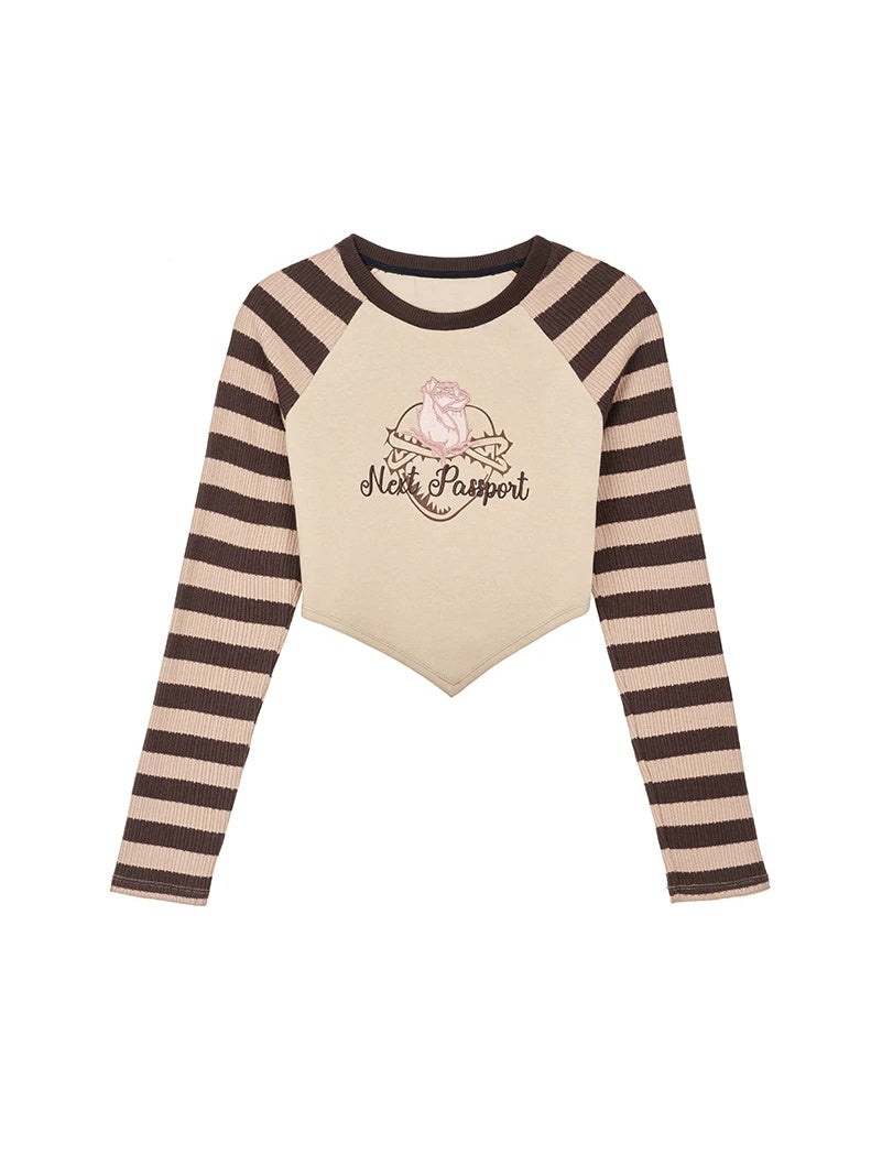 NEXT PASSPORT striped embroidered raglan crop top — black-gray embroidered crop top flat lay