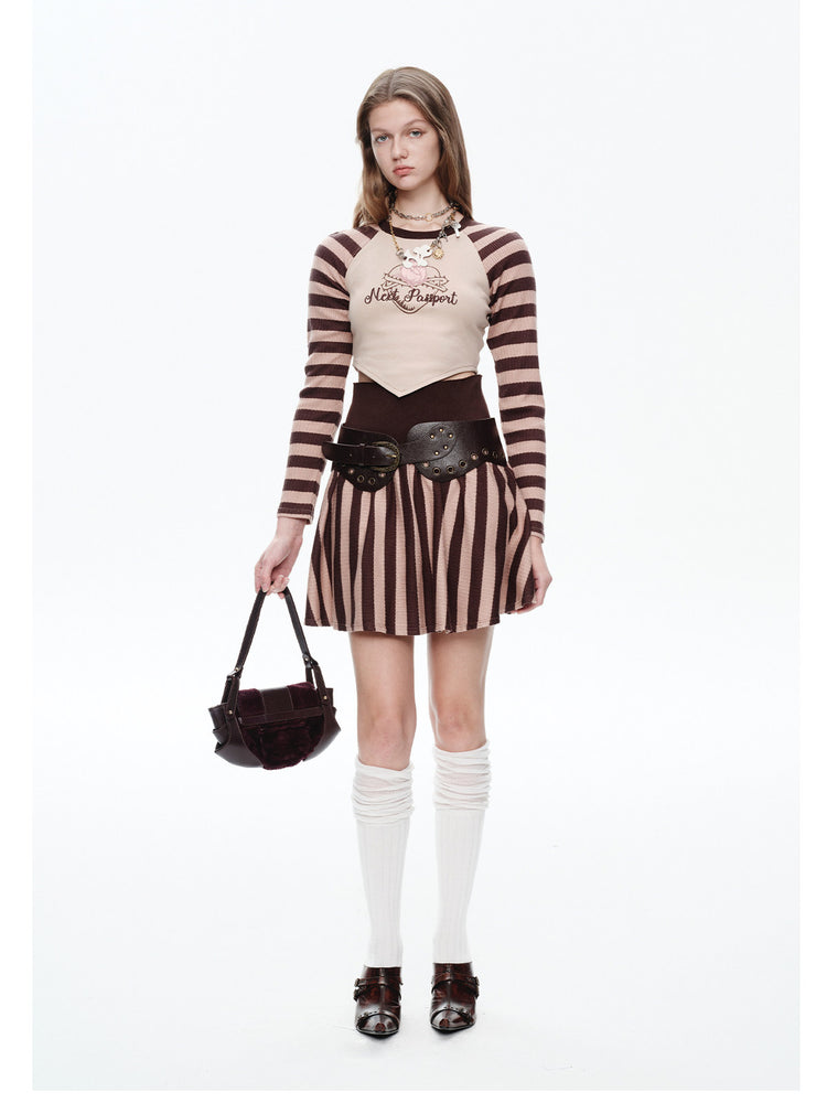 NEXT PASSPORT striped pleated mini skirt — khaki striped pleated mini skirt front