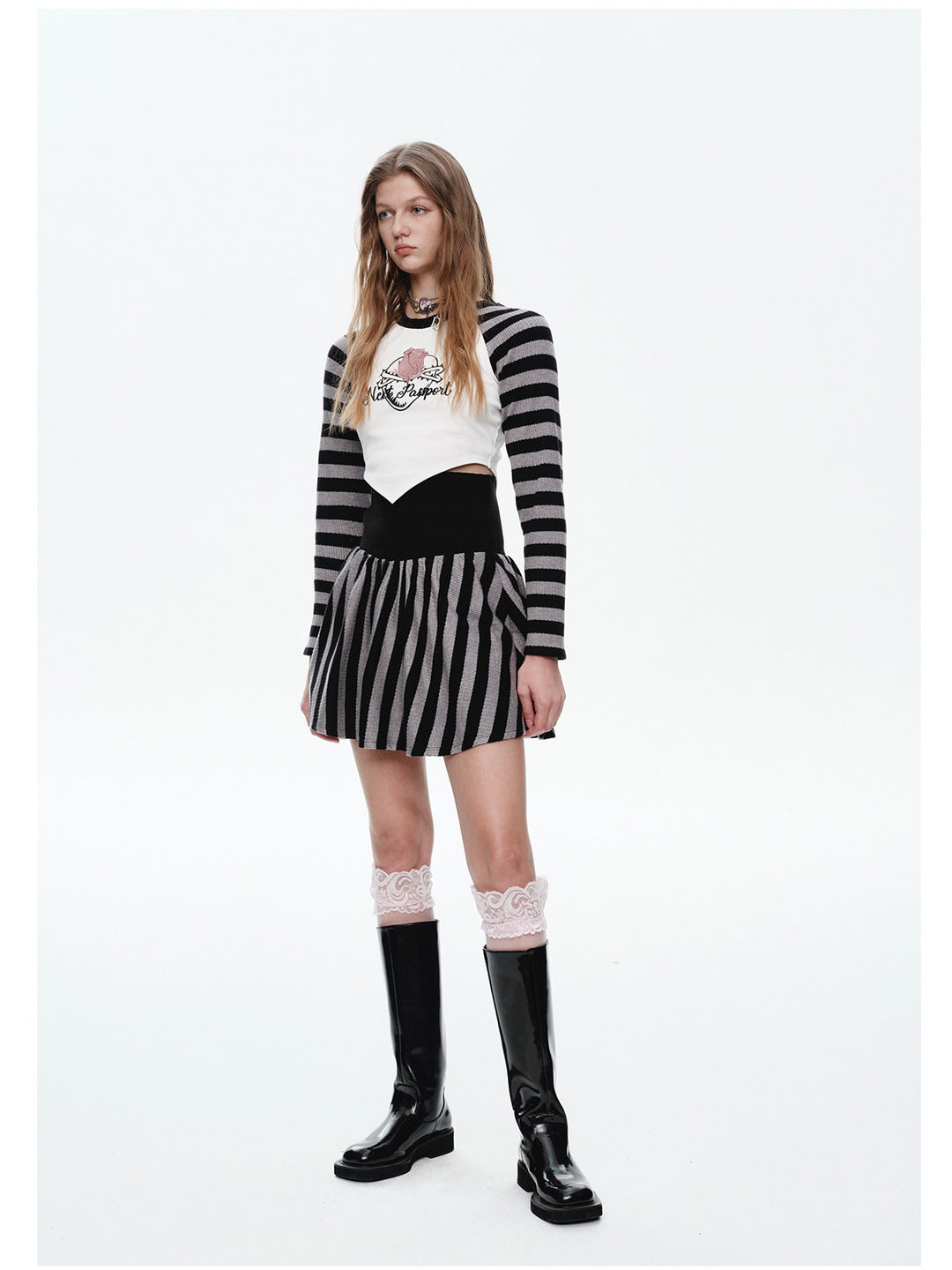 NEXT PASSPORT striped pleated mini skirt — black-gray striped pleated mini skirt three-quarter front