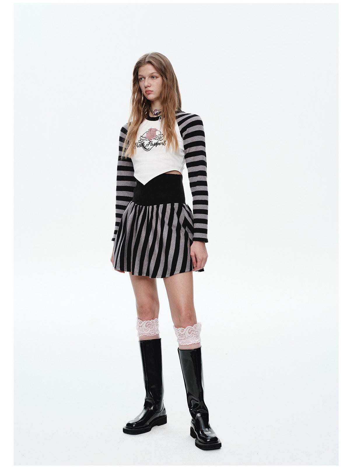 NEXT PASSPORT striped pleated mini skirt — black-gray striped pleated mini skirt three-quarter front