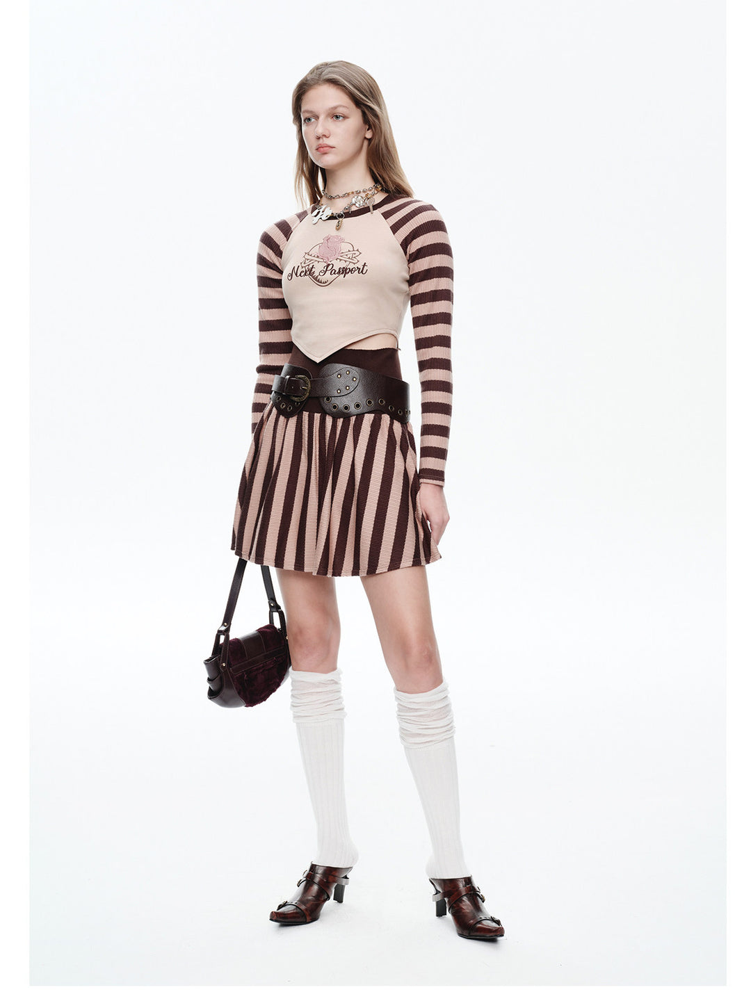 NEXT PASSPORT striped pleated mini skirt — khaki striped pleated mini skirt three-quarter front