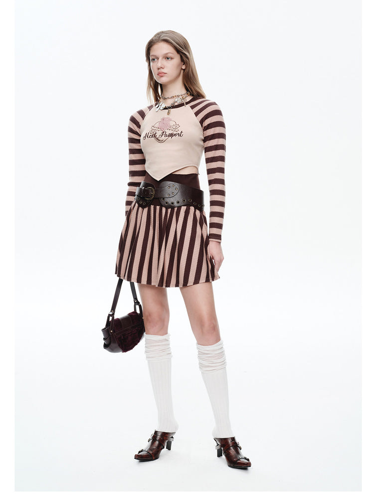NEXT PASSPORT striped pleated mini skirt — khaki striped pleated mini skirt three-quarter front