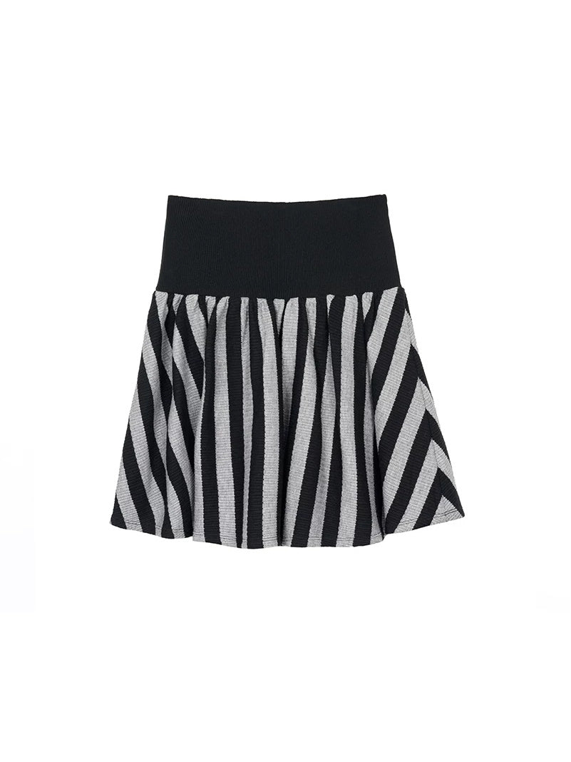 NEXT PASSPORT striped pleated mini skirt — black-gray striped pleated mini skirt flat lay