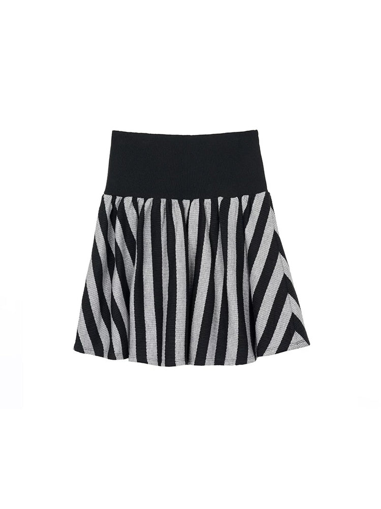 NEXT PASSPORT striped pleated mini skirt — black-gray striped pleated mini skirt flat lay