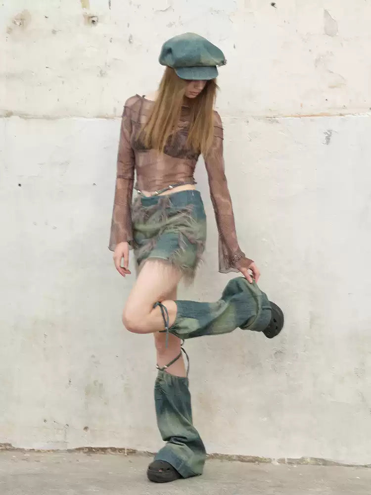 NEXT PASSPORT blue denim button-trim newsboy cap — full-body modeled styling view