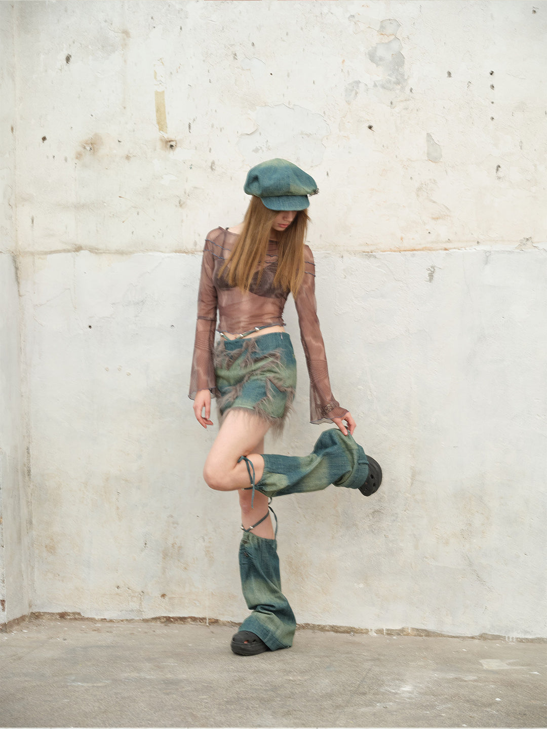 NEXT PASSPORT blue denim button-trim newsboy cap — full-body modeled streetwear view