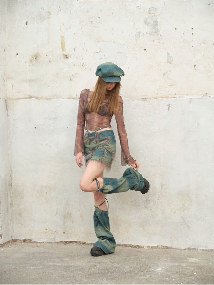NEXT PASSPORT blue denim button-trim newsboy cap — full-body modeled streetwear view