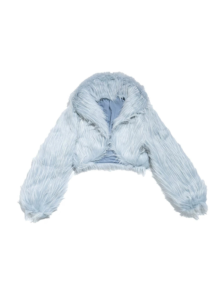 NEXT PASSPORT icy-blue long-pile faux-fur cropped jacket — solo product view on white.