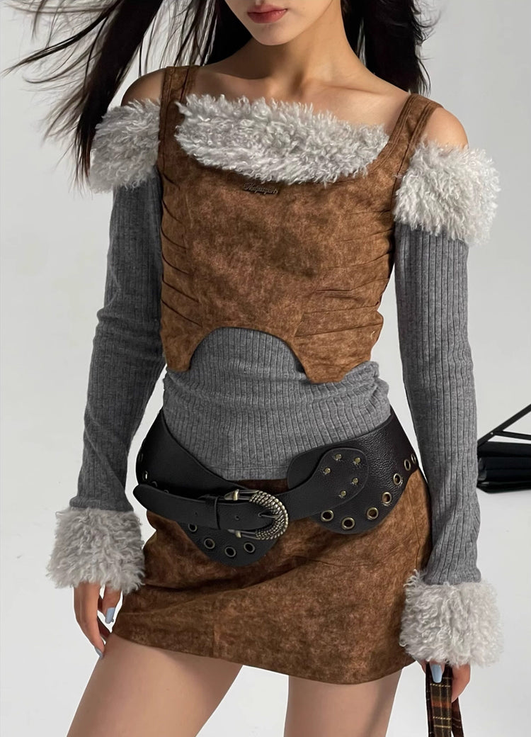 NEXT PASSPORT wasteland-brown shark-pleat vest and mini skirt — full-length editorial view