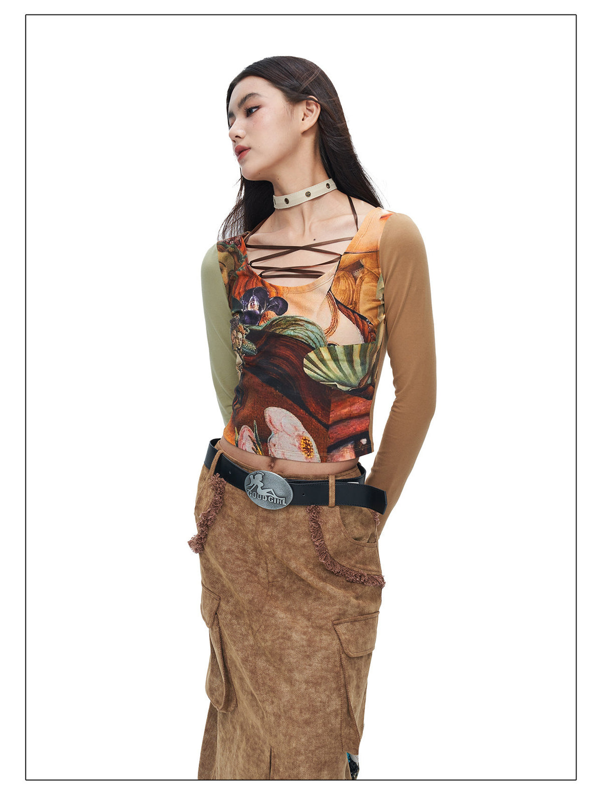 Side view of the Botticelli printed lace-up U-neck long-sleeve crop tee.