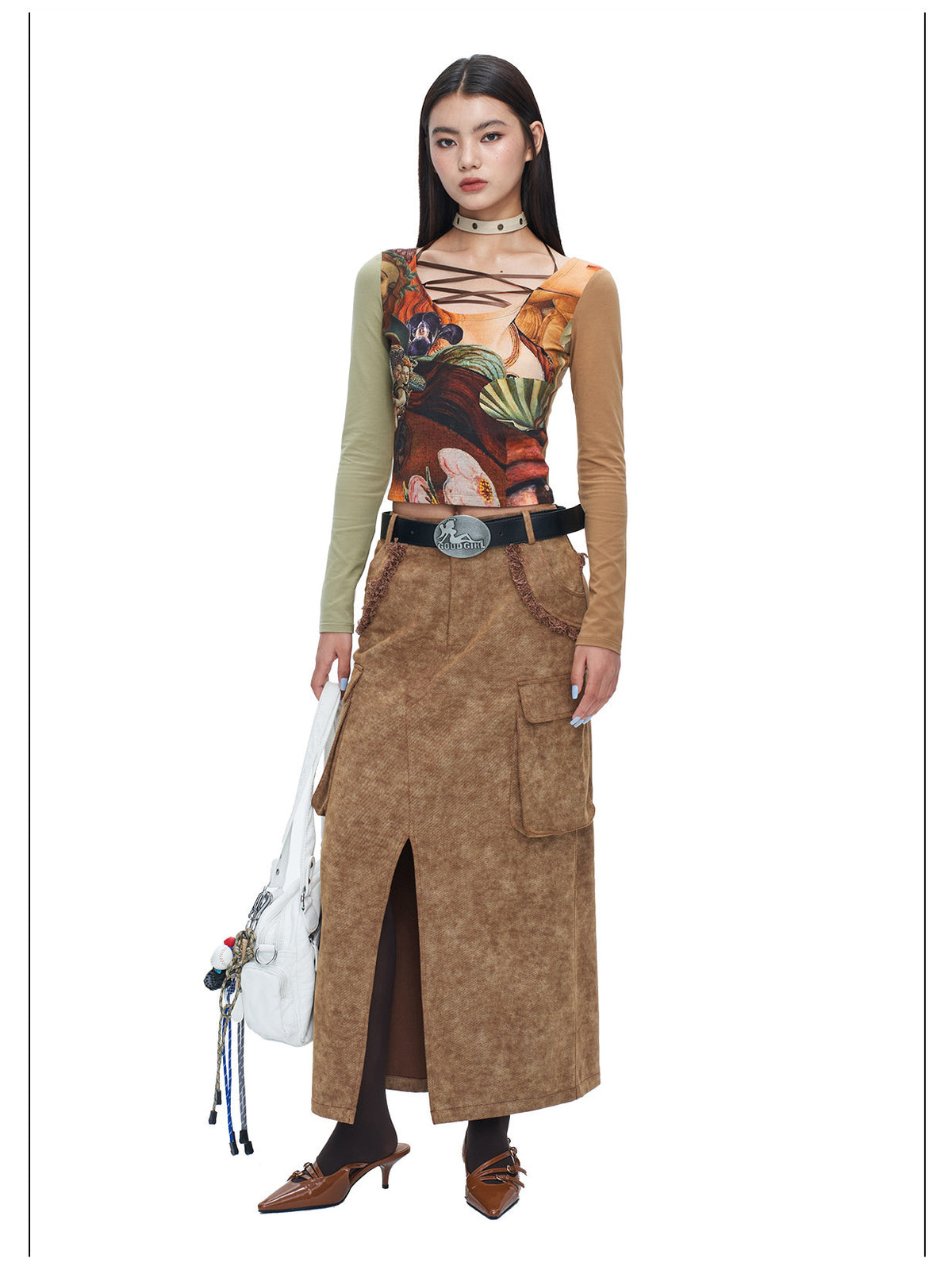 NEXT PASSPORT brown raw-edge slit denim maxi skirt styled with a printed top